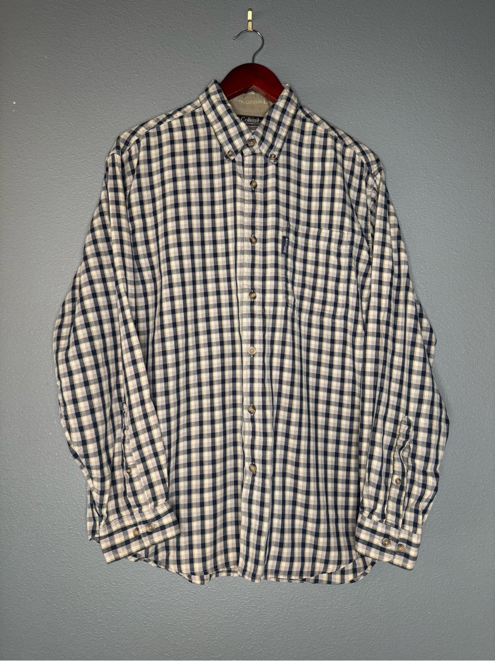 Columbia XCO Men’s Medium Blue Plaid Button Down Shirt 100% Cotton Long Sleeve
